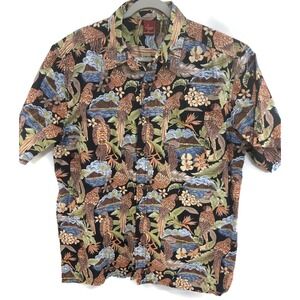 Junction West Shirt Mens XL Black Hawaiian Aloha Tropical‎ Floral 100% Cotton